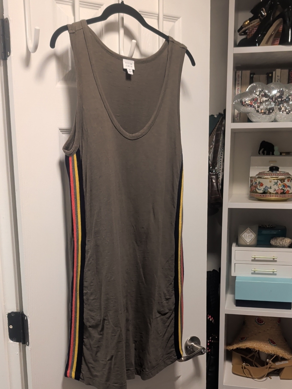 Sleeveless Olive Mini Dress with Multi-Color Side Stripes